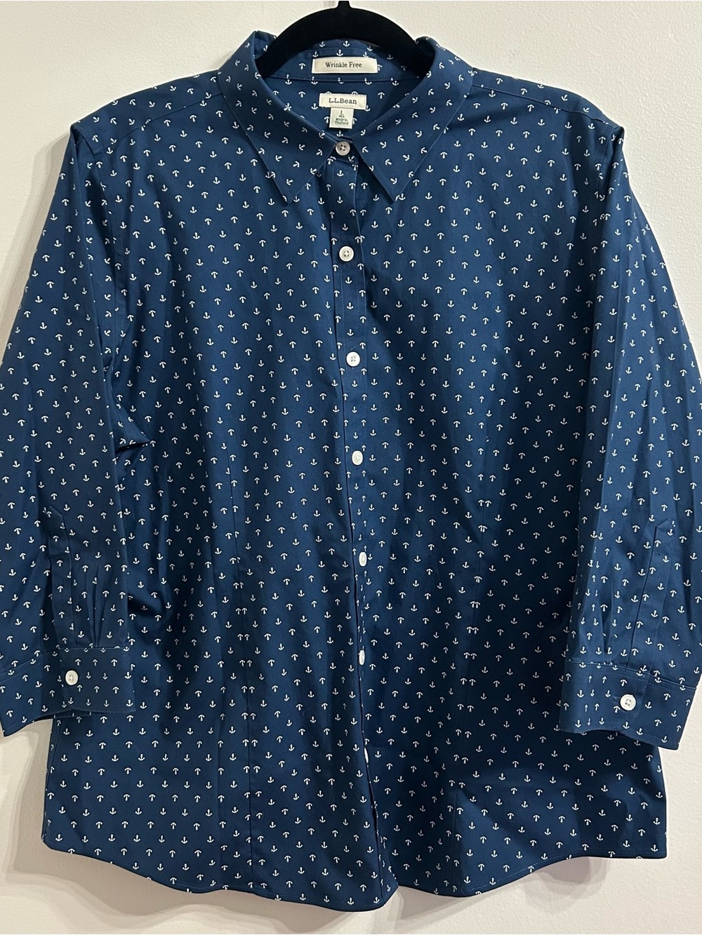 L.L.Bean Wrinkle Free Women’s Large Nautical Print Button-Up Shirt Long Sleeve